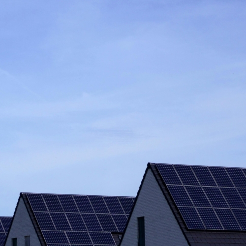 Modern Belgian houses with solar panels on rooftops under a clear blue sky.